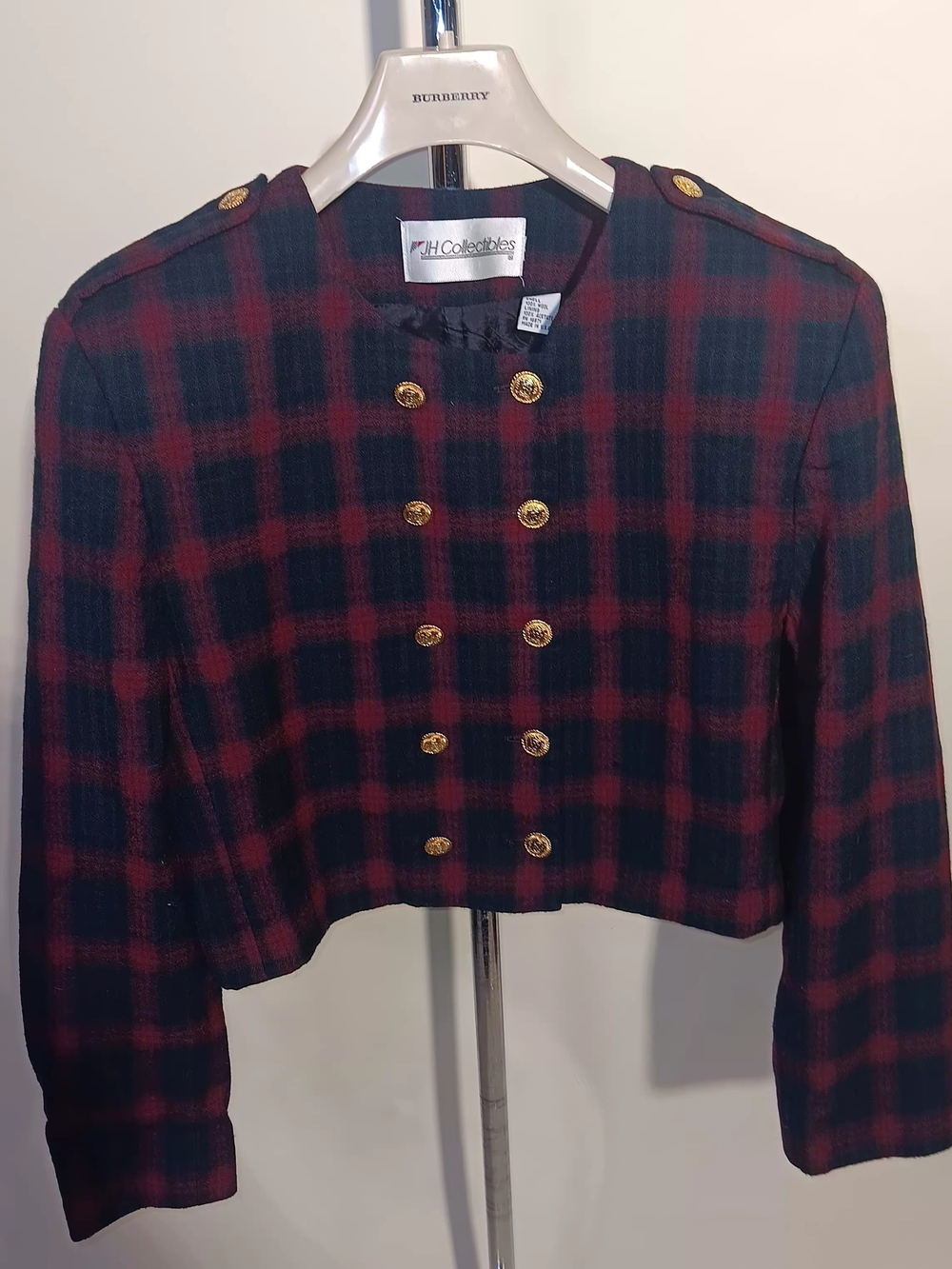JH Collectibles 100% Wool Red & Blue Plaid Double-Breasted Military Jacket